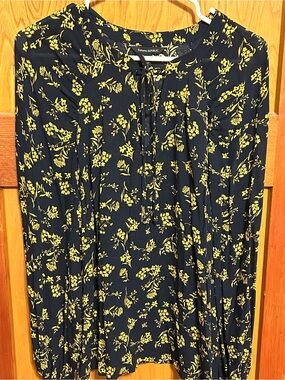 Banana Republic Navy Blue Floral Blouse with Yellow Print